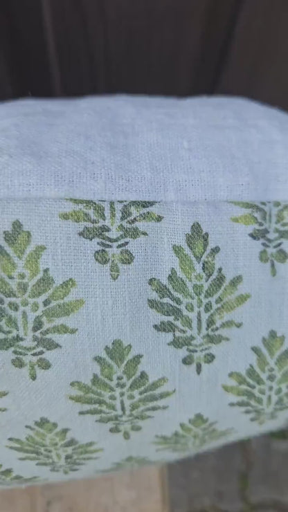 Designer Blovk print Floral on Linen Pillow Cover wiht pompons -  white green Boho Pillow - Farmhouse Floral Block printed pillow on flax