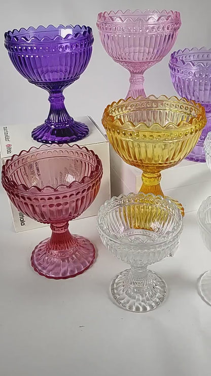 Marimekko bowl, Mariskooli, littala - yellow, red, brown, clear glass, garnet red, pale pink, amethyst, pale lillac, matt glass