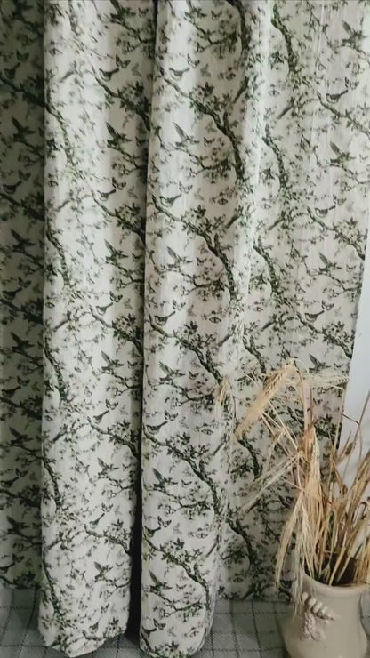 Curtains 100% Linen with French block print green toile de jouy pattern PREWASHED - kitchen Living room farmhouse window panel french linen