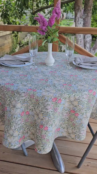 Linen foral tablecloth with birds, william Morris golden lily tablecloth, arts and crafts movement tablecloth Victorian style golden lilly