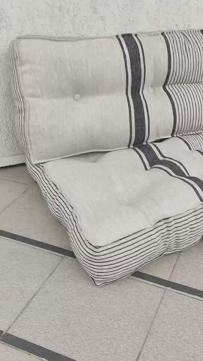 Bench cushion in French striped linen,  floor cushion in Custom size, shikibuton thick mat Shiki futon filled organic fiber filler