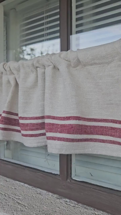 Ticking Valance Farmhouse Curtain in linen, Pure linen window treatment. Living room Cafe Kitchen window panel Grain sack with french stripe