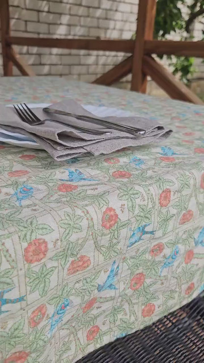 Linen floral tablecloth with birds, william Morris Trellis tablecloth with roses and birds, Victorian arts and crafts movement tablecloth