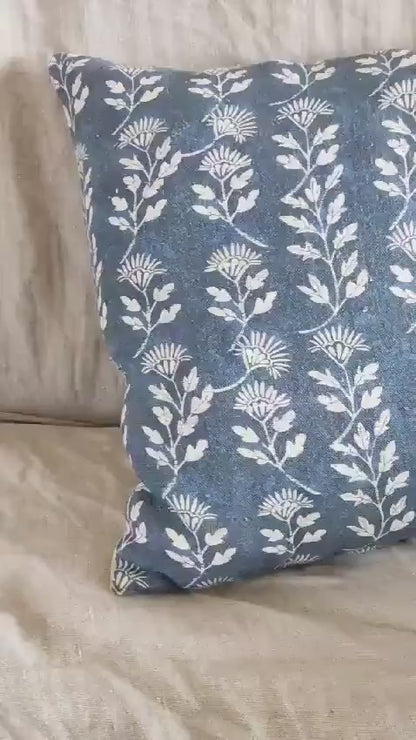 Designer Floral Teal blue on Natural linen pillow cover, Boho pillow with teal blue print, botanical Cushion cover decorative pillow cover
