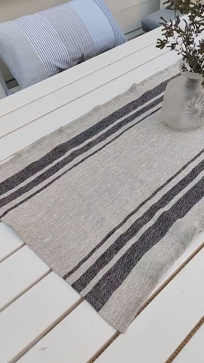 Linen runner - french sack linen. Grey navy striped Rustic linen