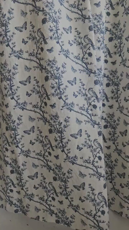 Designer blue Floral Linen curtains, indigo blue French Toile de joy curtain panel, Farmhouse Botanical printed curtains for living room