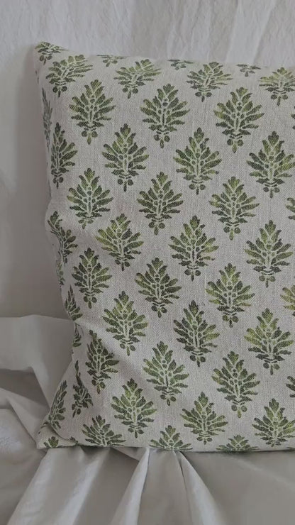 Designer Olive Green Floral on Linen Pillow Cover, Dark Green Boho Pillow, Farmhouse Floral Block printed pillow