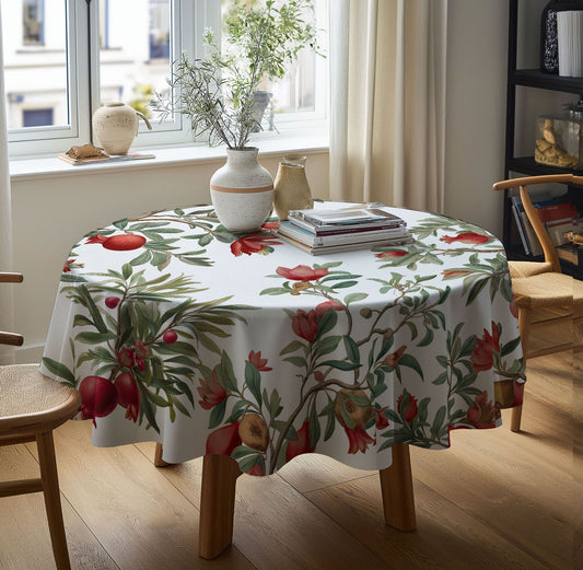 Round Linen Tablecloth with Floral Print – 100% Linen - Pomegranate tree