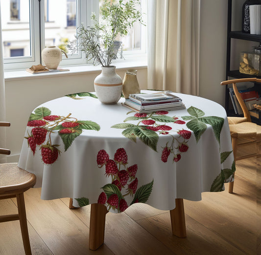 Round Linen Tablecloth with Floral Print – 100% Linen - Raspberry