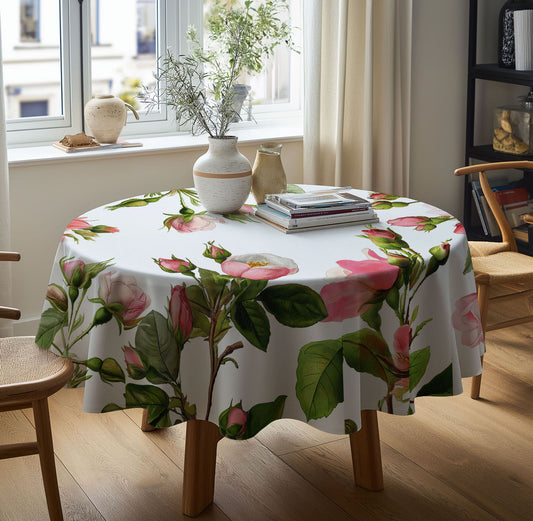 Round Linen Tablecloth with Floral Print – 100% Linen - Wild roses