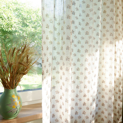 100% linen curtains - SHEER with brown acorn leaves print