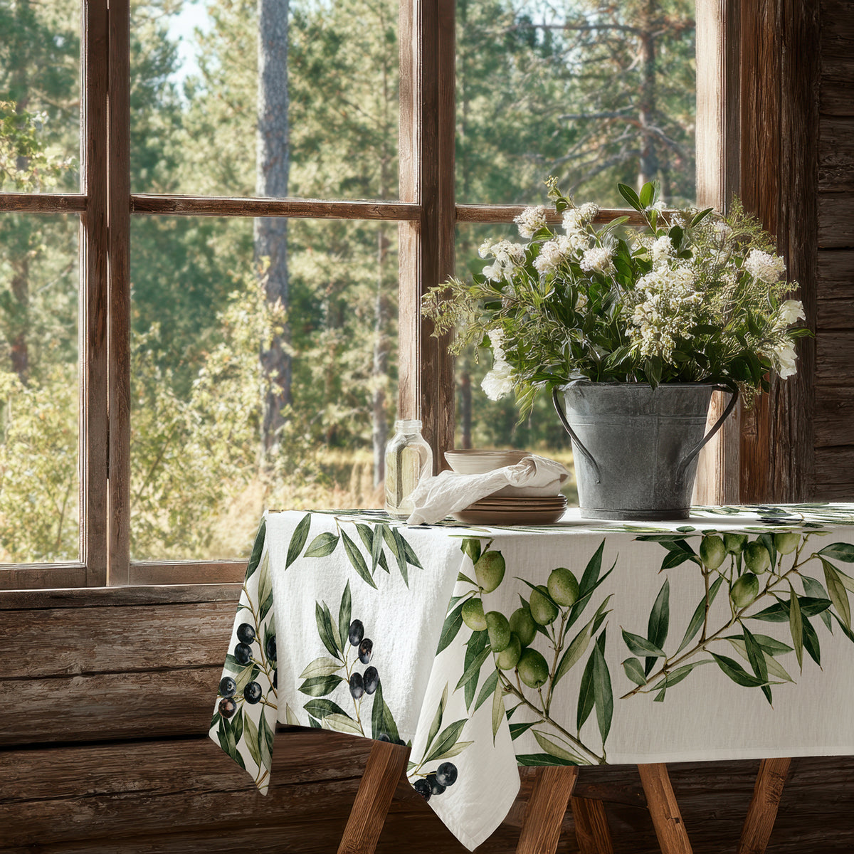 100% linen tablecloth - Olive branches on white linen