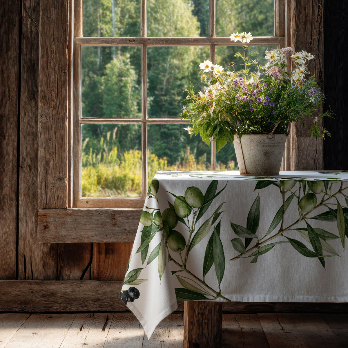 100% linen tablecloth - Olive branches on white linen