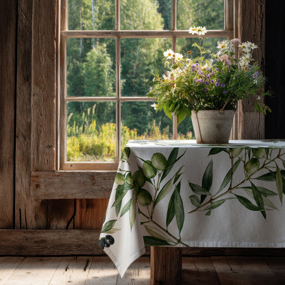 100% linen tablecloth - Olive branches on white linen