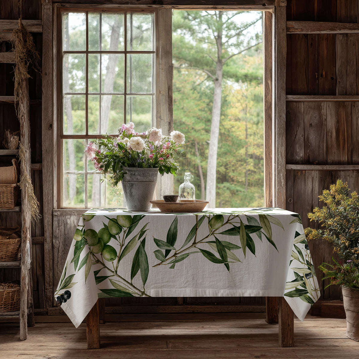 100% linen tablecloth - Olive branches on white linen