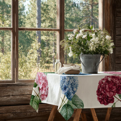 100% linen tablecloth - Hydrangea on white linen