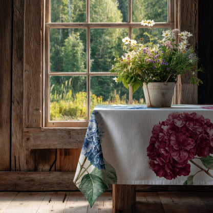 100% linen tablecloth - Hydrangea on white linen