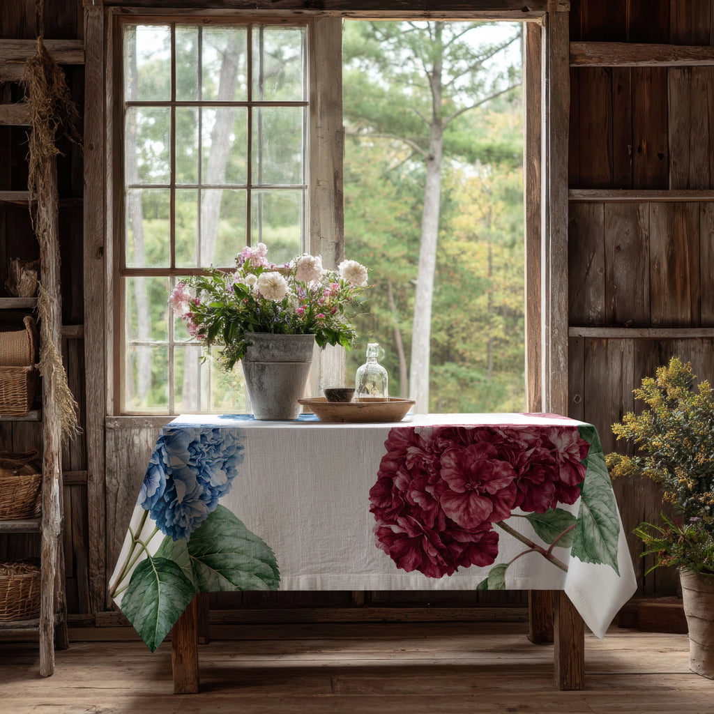 100% linen tablecloth - Hydrangea on white linen