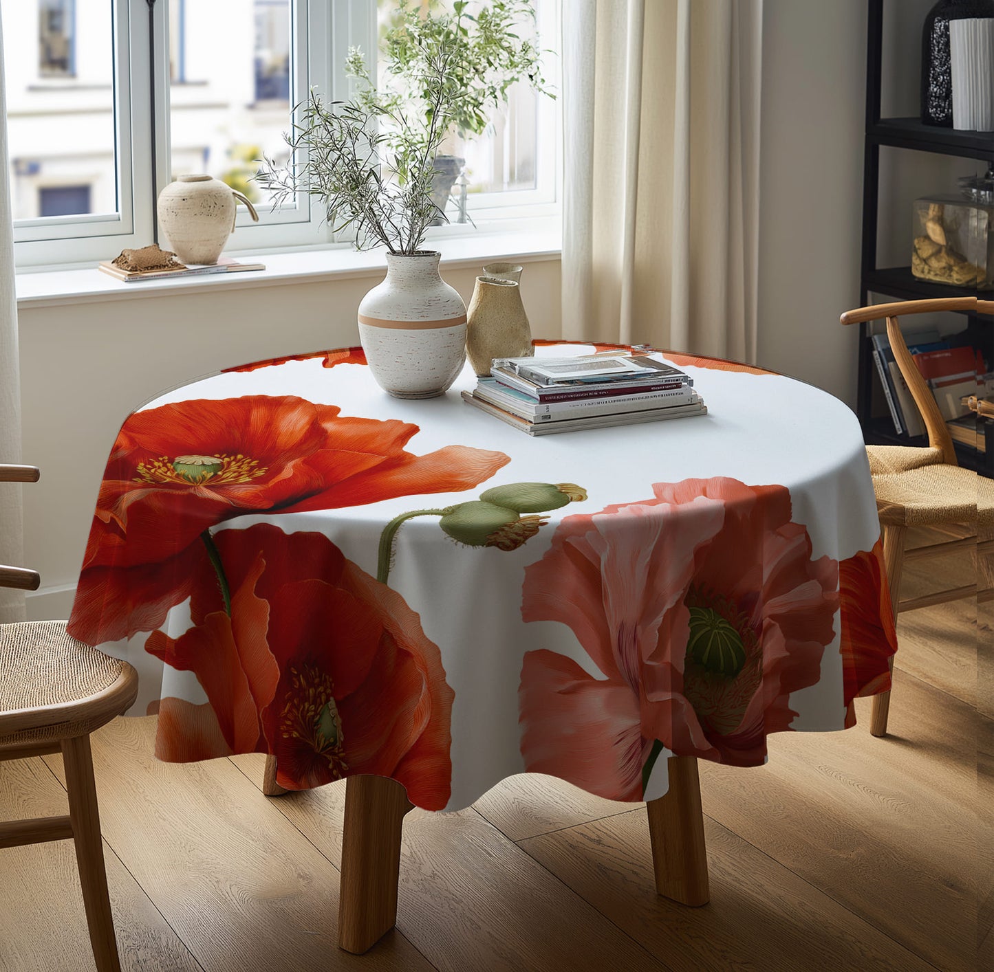 Round Linen Tablecloth with Floral Print – 100% Linen - Poppies