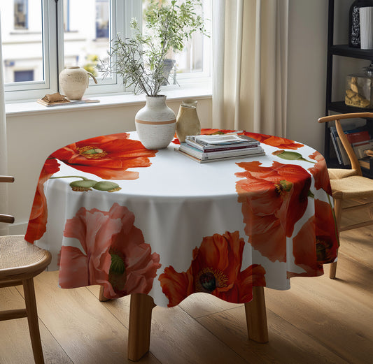 Round Linen Tablecloth with Floral Print – 100% Linen - Poppies